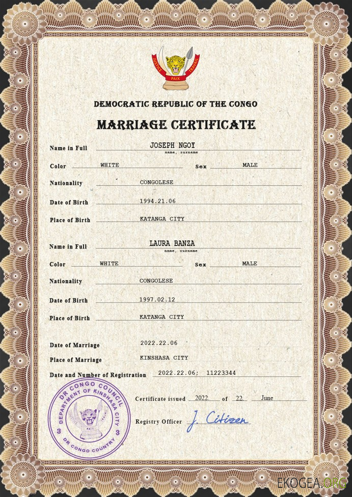 Modèle PSD de certificat de mariage en République démocratique du Congo